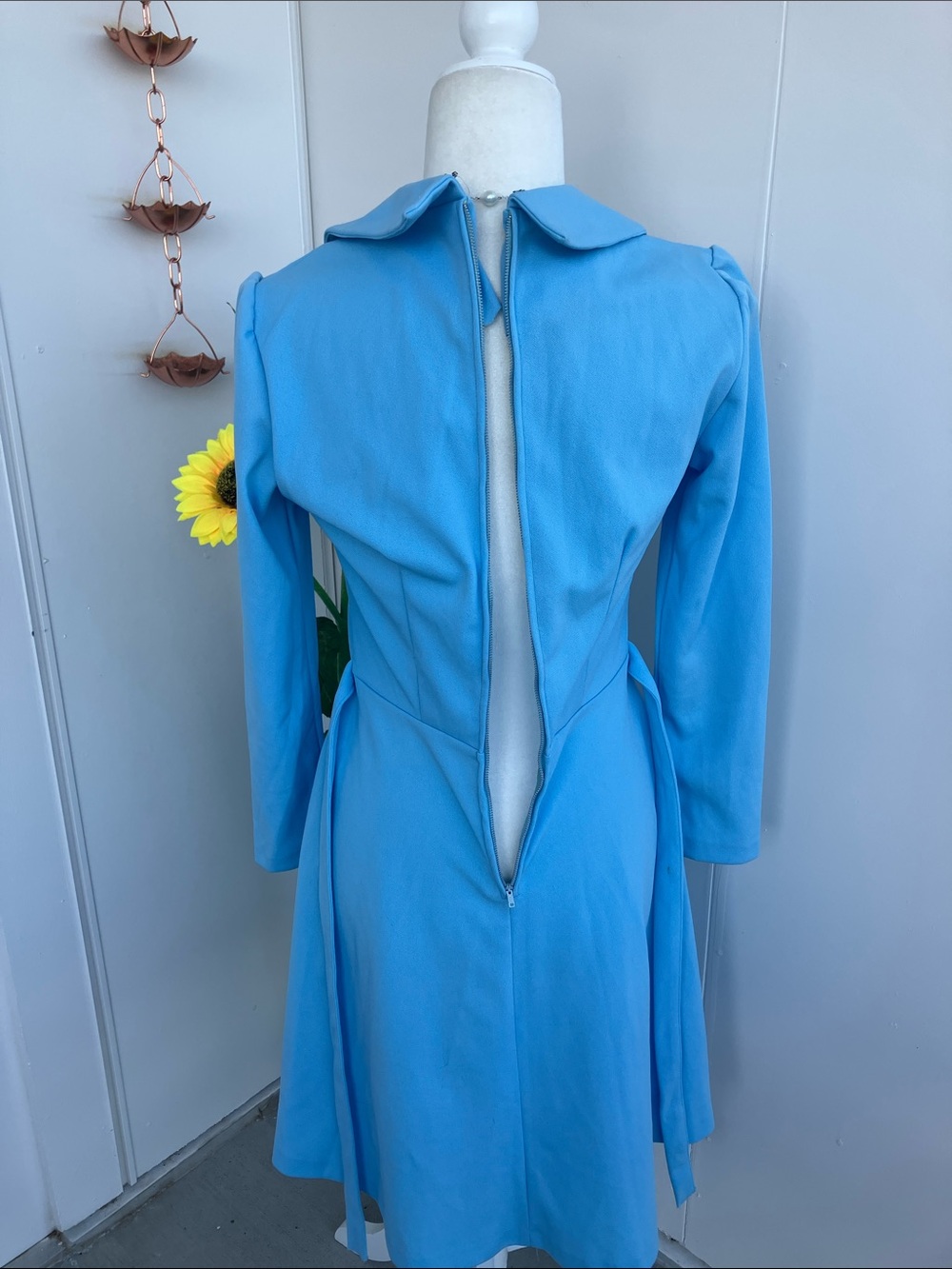Vintage 60s 70s Monochrome Sky Blue Long Sleeve Dagger Collar Fit & Flare Dress - Picture 7 of 10
